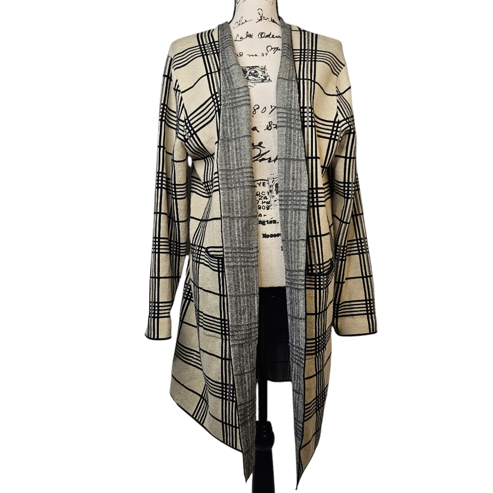 Cream and Black Plaid Open Front Women's Cardigan